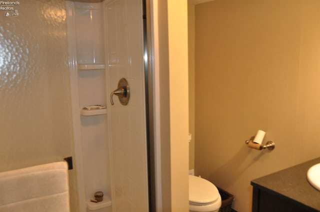 bathroom with toilet, a shower stall, and vanity