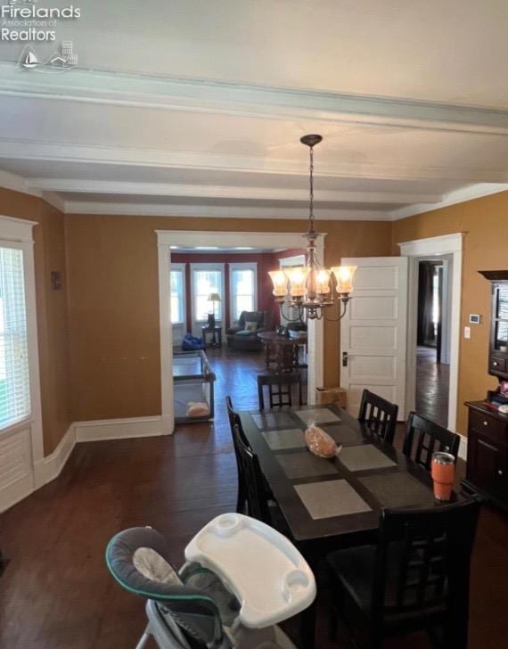 dining area featuring an inviting chandelier, baseboards, dark wood-style floors, and beamed ceiling