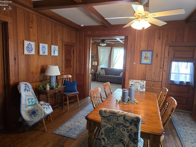 dining space featuring coffered ceiling, wood finished floors, beam ceiling, and wooden walls