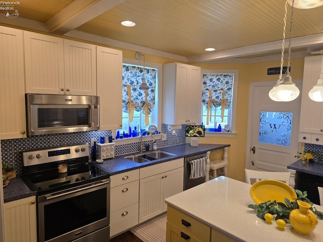 kitchen featuring pendant lighting, backsplash, appliances with stainless steel finishes, a sink, and wooden ceiling