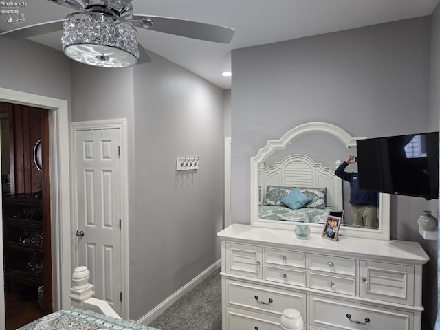 bedroom featuring carpet, a ceiling fan, and baseboards