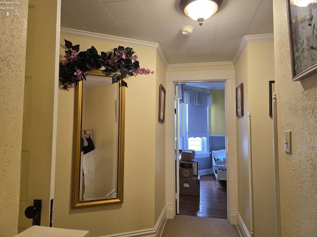 hallway with carpet floors, baseboards, and crown molding