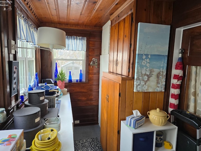 kitchen with wooden ceiling and wood walls