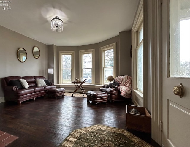 living area with plenty of natural light, hardwood / wood-style floors, and an inviting chandelier