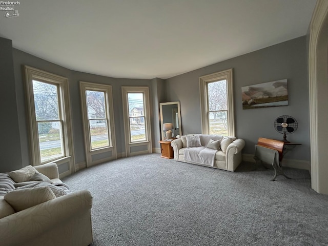 carpeted living room with a healthy amount of sunlight and baseboards