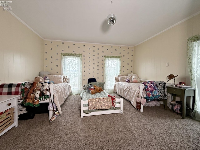 carpeted bedroom with ornamental molding