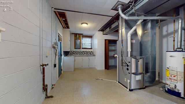 basement with gas water heater, electric panel, and light floors