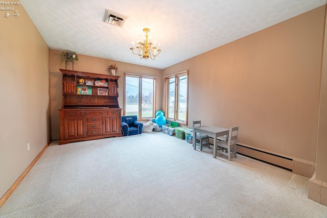 living area featuring a chandelier, light carpet, visible vents, baseboards, and baseboard heating