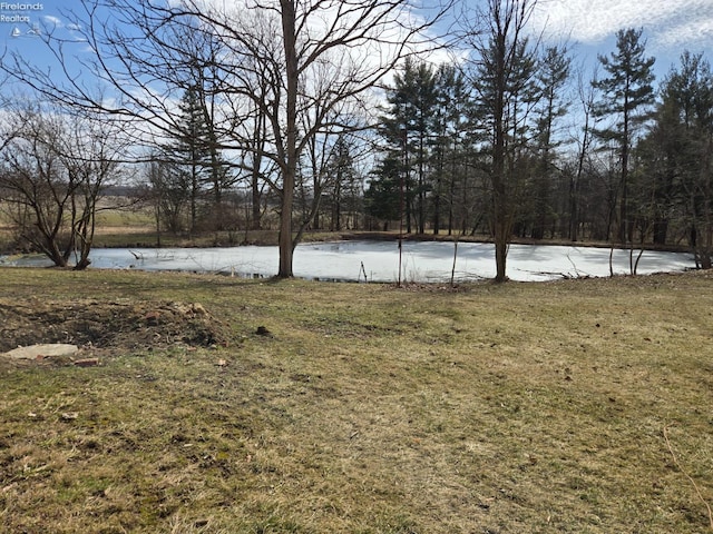 view of yard with a water view and a wooded view