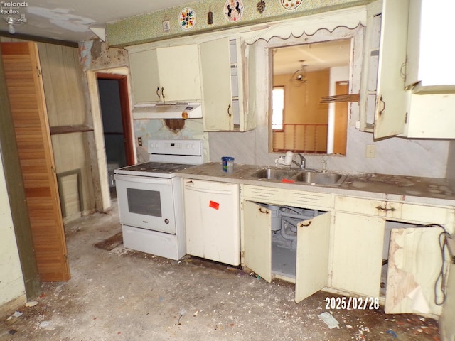 kitchen featuring white electric stove, light countertops, cream cabinetry, under cabinet range hood, and a sink