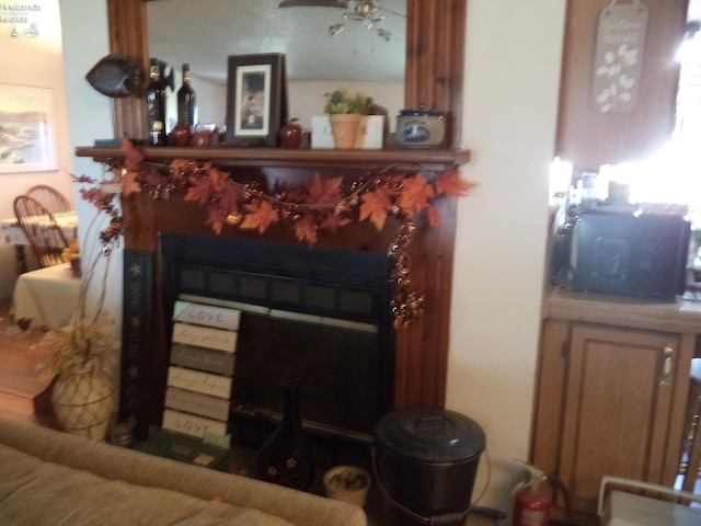 room details featuring ceiling fan, a fire extinguisher, and a glass covered fireplace