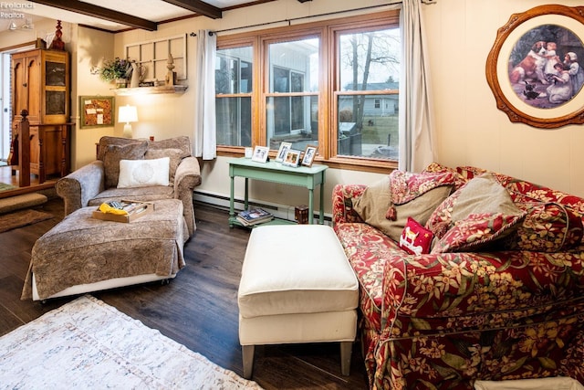 sitting room with dark wood-style flooring and beamed ceiling