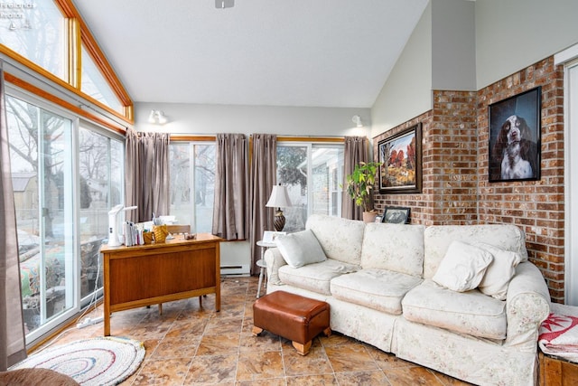 living area with baseboard heating and vaulted ceiling