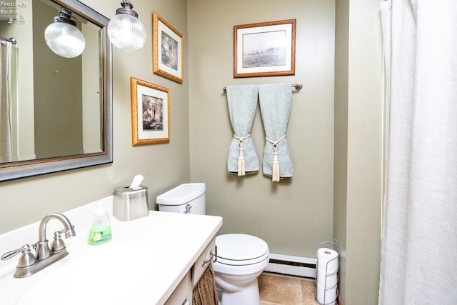 bathroom featuring toilet, tile patterned floors, curtained shower, baseboard heating, and vanity