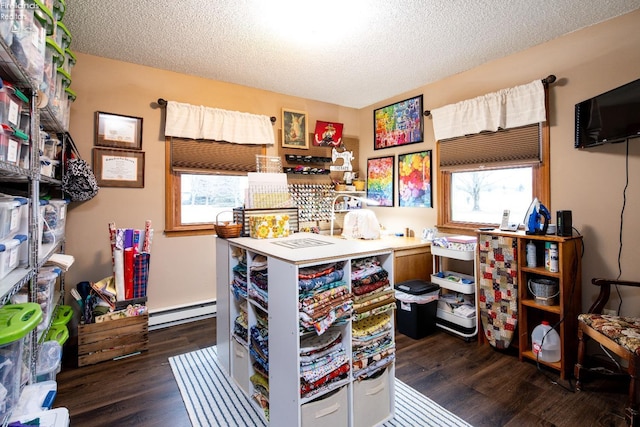 interior space with a wealth of natural light, a baseboard radiator, and wood finished floors