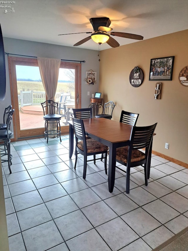 dining space with light tile patterned floors, ceiling fan, and baseboards