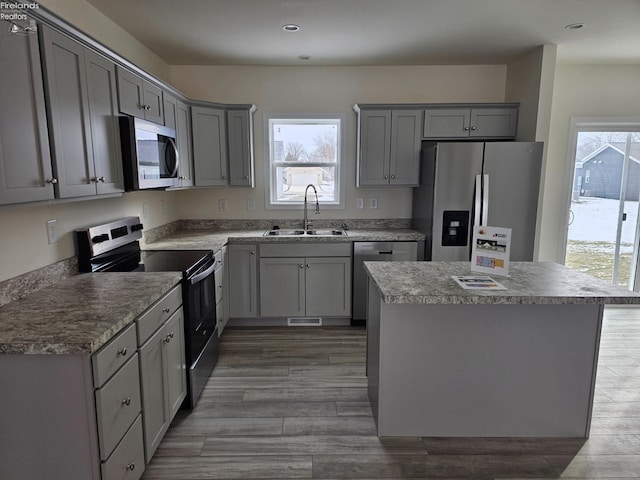 kitchen featuring appliances with stainless steel finishes, gray cabinets, plenty of natural light, and a sink