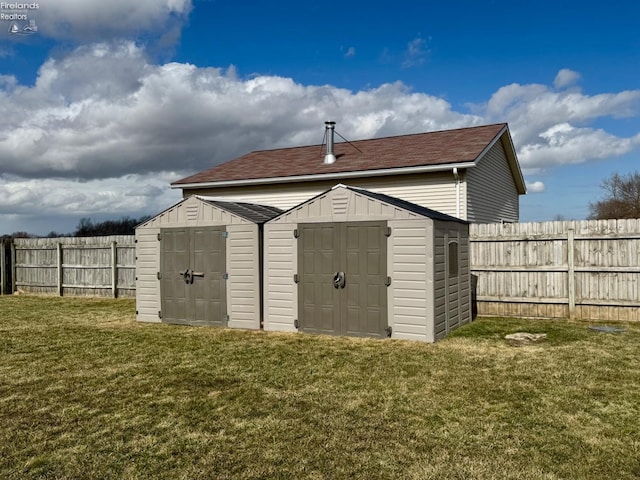 view of shed with a fenced backyard