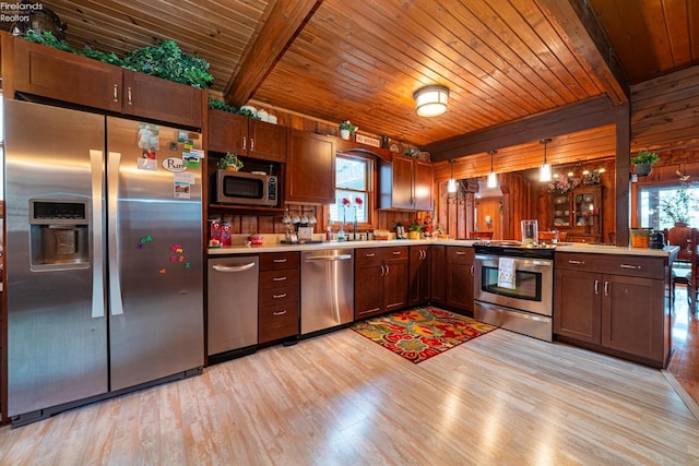 kitchen featuring light countertops, appliances with stainless steel finishes, beamed ceiling, and wood ceiling