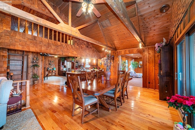 dining space with lofted ceiling with beams, ceiling fan, wood walls, wood ceiling, and light wood-style floors