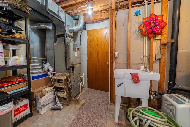 unfinished basement featuring a sink