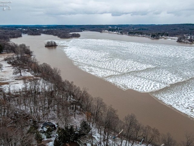 bird's eye view with a water view