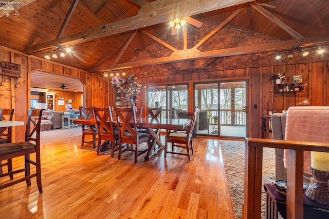 dining space with wooden ceiling, wooden walls, a ceiling fan, and wood finished floors