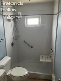 full bath with toilet, walk in shower, and vanity