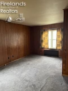 carpeted spare room featuring wooden walls