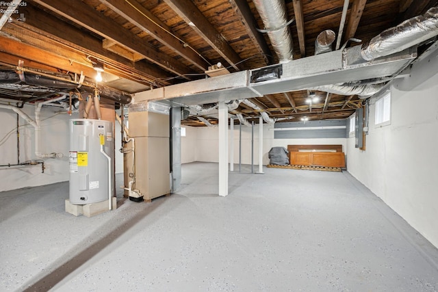 basement featuring water heater, electric panel, and heating unit