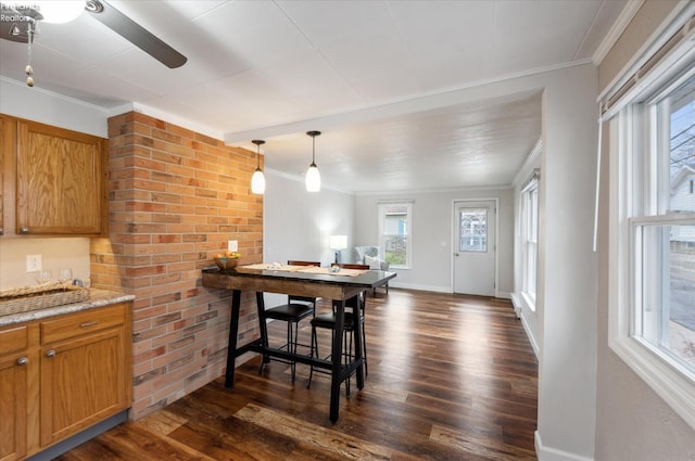 dining room featuring baseboards, brick wall, dark wood finished floors, and crown molding