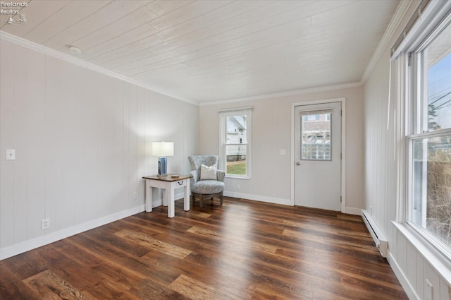 sitting room featuring baseboard heating, wood finished floors, and crown molding