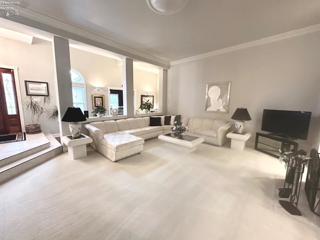 living area with ornamental molding and carpet flooring