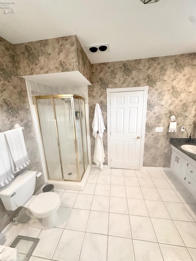 full bath with wallpapered walls, toilet, tile patterned floors, vanity, and a shower stall