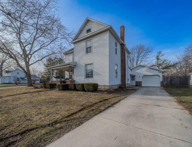 view of home's exterior featuring covered porch, a chimney, fence, and a lawn