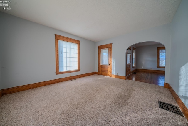 carpeted empty room with plenty of natural light, arched walkways, visible vents, and baseboards