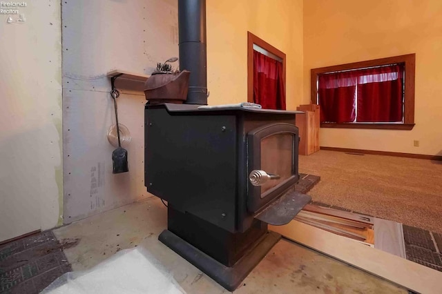 room details featuring a wood stove