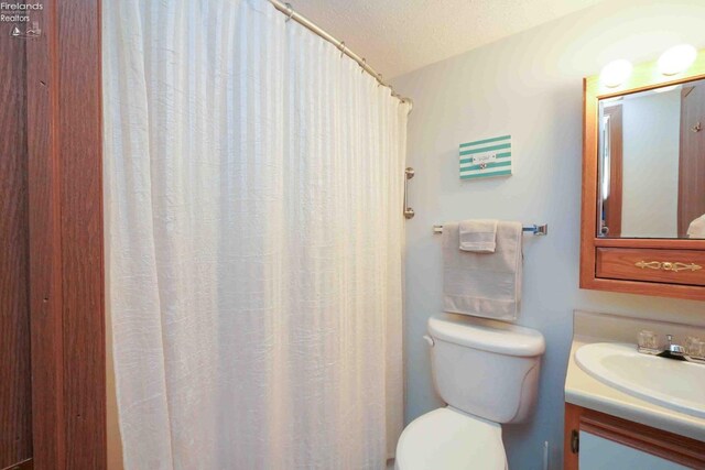 bathroom with toilet, a textured ceiling, and vanity