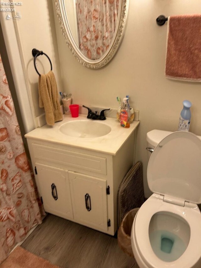 full bathroom featuring curtained shower, vanity, toilet, and wood finished floors