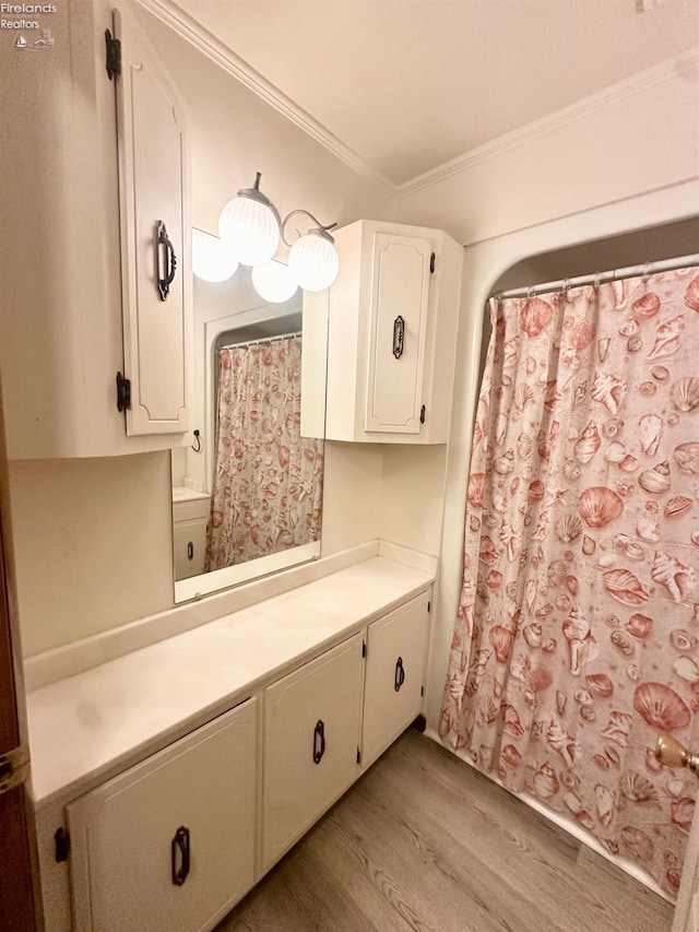 bathroom with crown molding, vanity, and wood finished floors