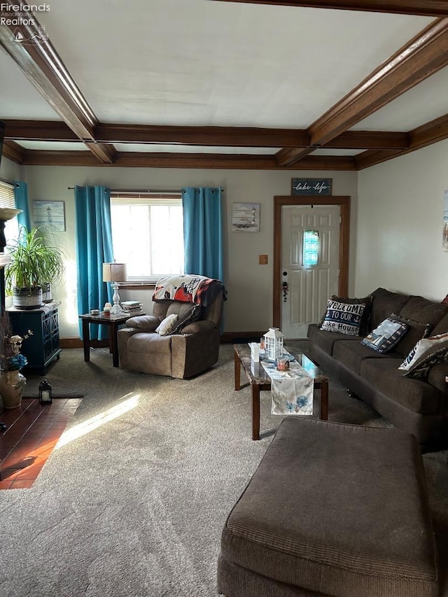 living area with carpet floors, coffered ceiling, and beamed ceiling