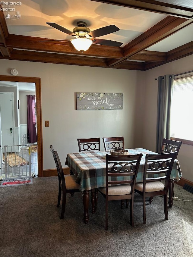 carpeted dining area featuring beam ceiling, visible vents, a ceiling fan, coffered ceiling, and baseboards