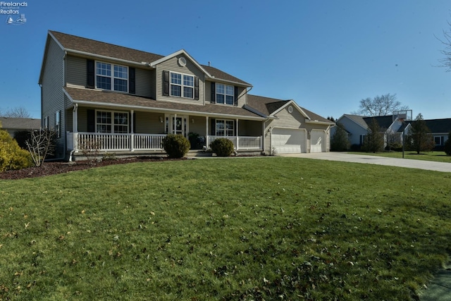 view of front facade featuring a porch, a garage, a front lawn, and driveway