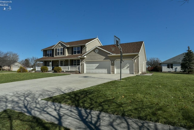 view of front of home with covered porch, driveway, a front yard, and a garage