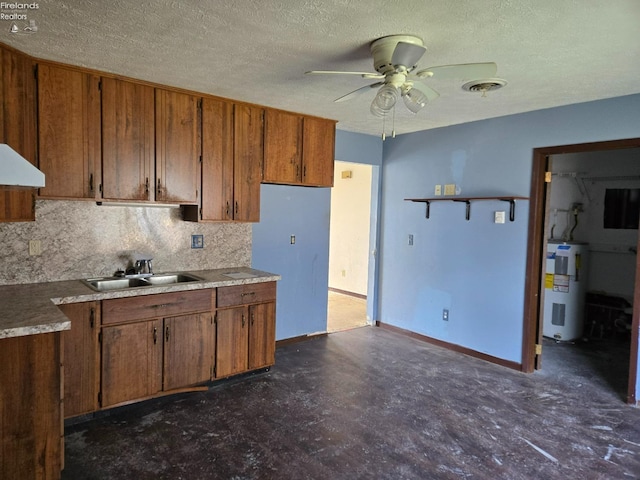 kitchen with brown cabinets, a sink, water heater, decorative backsplash, and ceiling fan