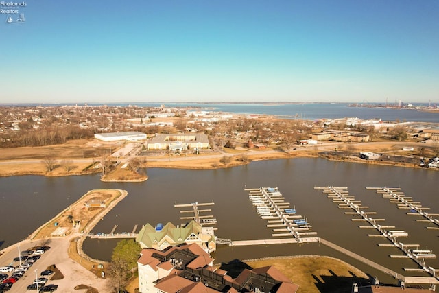 drone / aerial view featuring a water view