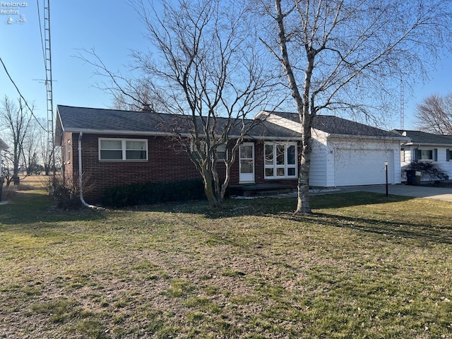 ranch-style house featuring driveway, brick siding, an attached garage, and a front lawn