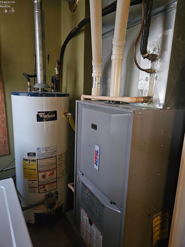 utility room featuring gas water heater and heating unit