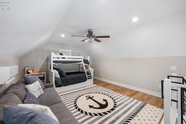 bedroom featuring light wood finished floors, ceiling fan, baseboards, vaulted ceiling, and recessed lighting