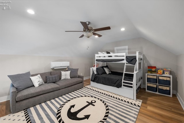 bedroom with a ceiling fan, wood finished floors, recessed lighting, baseboards, and vaulted ceiling